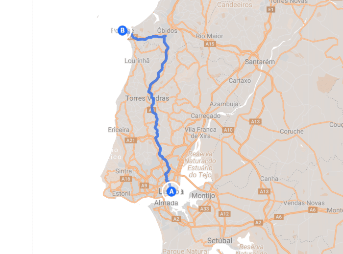 Map from Lisbon to Peniche