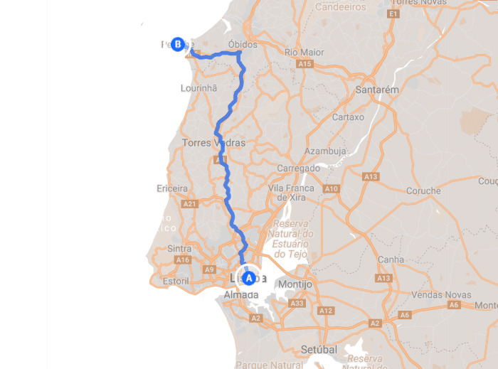 How to get to Berlengas and Peniche Map from Lisbon to Peniche