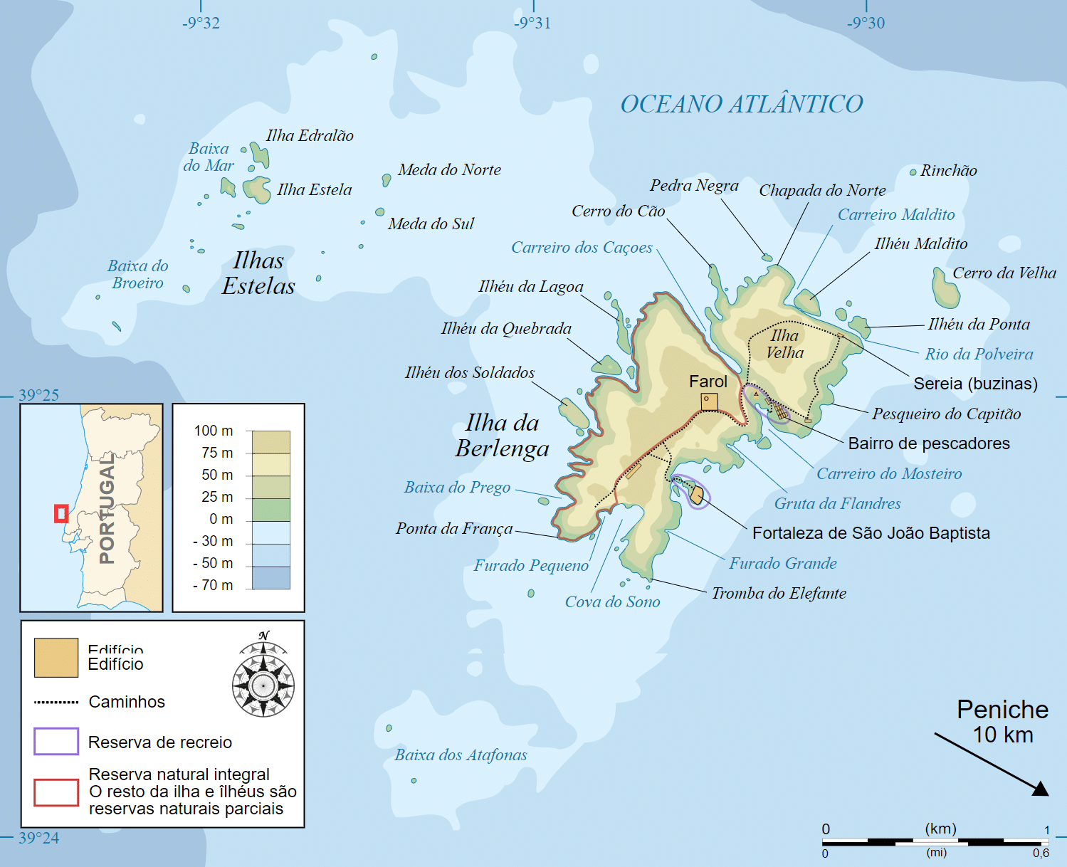 Mapa de Berlengas en la geografía de Portugal continental